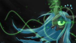 Size: 1920x1080 | Tagged: safe, artist:balderdashington, queen chrysalis, changeling, changeling queen, female, magic, solo, wallpaper