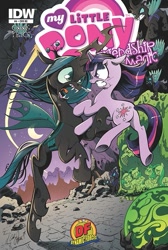 Size: 593x882 | Tagged: safe, artist:andypriceart, idw, applejack, fluttershy, pinkie pie, queen chrysalis, rainbow dash, rarity, sweetie belle, twilight sparkle, changeling, changeling queen, earth pony, pegasus, pony, unicorn, the return of queen chrysalis, spoiler:comic, angry, changeling officer, cocoon, comic, comic cover, cover, crystal ball, epic clash between good and evil, female, good vs evil, moon, official, plot, wovey dovey land