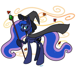 Size: 1700x1636 | Tagged: safe, artist:winter-hooves, princess luna, alicorn, pony, cape, clothes, halloween, hat, nightmare night, solo, staff, wizard hat