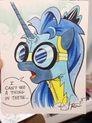 Size: 768x1024 | Tagged: safe, artist:andypriceart, princess luna, alicorn, pony, goggles, solo, traditional art, wonderbolts uniform