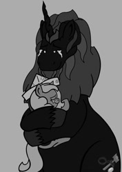 Size: 752x1063 | Tagged: safe, artist:tricornking, princess luna, oc, oc:king krampus, alicorn, pony, tricorn, cartographer's cap, filly, grayscale, hat, king krampus, krampus, monochrome, moonstuck, simple background, woona