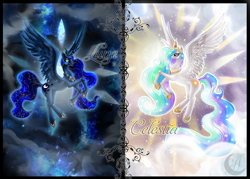 Size: 1967x1408 | Tagged: safe, artist:anzhelee, princess celestia, princess luna, alicorn, pony, crown, duality, female, horn, jewelry, mare, regalia, siblings, sisters