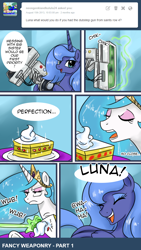 Size: 654x1158 | Tagged: safe, artist:pijinpyon, princess celestia, princess luna, alicorn, pony, ask, ask little luna, cake, cakelestia, s1 luna, saints row 4, tumblr