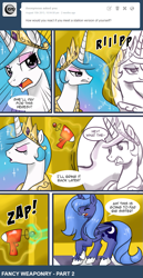 Size: 651x1266 | Tagged: safe, artist:pijinpyon, prince artemis, princess celestia, princess luna, alicorn, pony, ask, ask little luna, ask princess molestia, crossover, fourth wall, johnjoseco-ish, princess molestia, raygun, rule 63, s1 luna, self ponidox, style emulation, tumblr, unshorn fetlocks