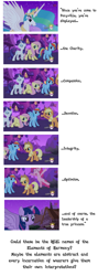 Size: 1174x3282 | Tagged: safe, applejack, fluttershy, pinkie pie, princess celestia, rainbow dash, rarity, twilight sparkle, twilight sparkle (alicorn), alicorn, earth pony, pegasus, pony, unicorn, magical mystery cure, elements of harmony, princess, speculation, text, theory