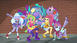 Size: 1920x1080 | Tagged: safe, screencap, lemon zest, sour sweet, sugarcoat, sunny flare, dance magic, equestria girls, spoiler:eqg specials, boots, brick wall, clothes, converse, crystal prep shadowbolts, ear piercing, earring, eyes closed, female, glasses, graffiti, high heel boots, jewelry, piercing, shoes, skirt, sneakers, socks