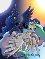 Size: 1077x1401 | Tagged: safe, artist:nessia, princess celestia, princess luna, alicorn, pony, moon, sun