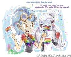 Size: 811x650 | Tagged: safe, artist:manic-the-lad, indigo zap, sugarcoat, equestria girls, a dash of everything, cup, duo, ear piercing, earring, female, flag, gay pride, gay pride flag, glasses, goggles, jewelry, lovewins, open mouth, piercing, pride, pride flag, pride month, rainbows, sketch, smiling
