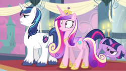 Size: 1280x720 | Tagged: safe, screencap, princess cadance, queen chrysalis, shining armor, twilight sparkle, alicorn, changeling, changeling queen, pony, unicorn, a canterlot wedding, fake cadance, female, male, mare, stallion