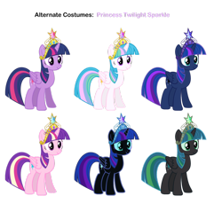 Size: 932x857 | Tagged: safe, artist:overdriv3n, artist:pika-robo, color edit, nightmare moon, princess cadance, princess celestia, princess luna, queen chrysalis, twilight sparkle, twilight sparkle (alicorn), alicorn, changeling, changeling queen, pony, alternate costumes, female, mare, recolor, skin