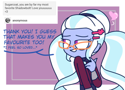 Size: 1280x928 | Tagged: safe, artist:psychodiamondstar, sugarcoat, equestria girls, bedroom eyes, clothes, crystal prep academy uniform, dialogue, female, glasses, heart, school uniform, solo