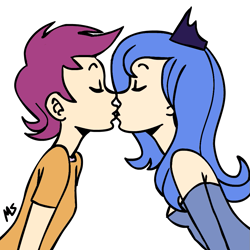 Size: 945x945 | Tagged: safe, artist:megasweet, edit, princess luna, scootaloo, human, female, humanized, kissing, lesbian, s1 luna, scootaluna, shipping, simple background