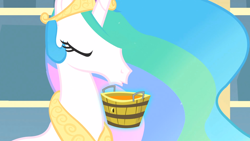 Size: 1914x1080 | Tagged: safe, edit, screencap, princess celestia, alicorn, pony, a bird in the hoof, bucket, solo, sugarcube corner