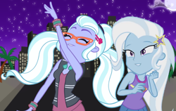 Size: 872x550 | Tagged: safe, artist:themexicanpunisher, sugarcoat, trixie, dance magic, equestria girls, spoiler:eqg specials, city, clothes, dancing, duo, eyes closed, full moon, moon, night, smiling, stars, vector