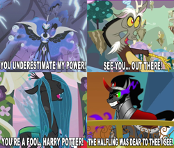 Size: 1163x986 | Tagged: safe, edit, edited screencap, screencap, discord, king sombra, nightmare moon, queen chrysalis, alicorn, changeling, changeling queen, draconequus, pony, unicorn, cropped, darth vader, female, image macro, male, mare, q, sauron, spread wings, stallion, voldemort, wings