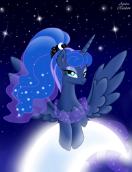 Size: 1852x2399 | Tagged: safe, artist:aurora69rainbow, princess luna, alicorn, pony, alternate hairstyle, moon, ponytail, solo, stars, tangible heavenly object