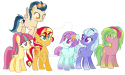 Size: 1024x614 | Tagged: safe, artist:creinth64, indigo zap, lemon zest, sour sweet, sugarcoat, sunny flare, sunset shimmer, alicorn, earth pony, pegasus, pony, alternate mane six, alternate universe, colored pupils, equestria girls ponified, female, mare, ponified, shadow five