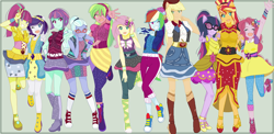 Size: 1292x628 | Tagged: safe, artist:rebeeccadesings, applejack, fluttershy, lemon zest, pinkie pie, rainbow dash, rarity, sci-twi, sour sweet, sugarcoat, sunny flare, sunset shimmer, twilight sparkle, dance magic, equestria girls, spoiler:eqg specials, converse, cute, looking at you, one eye closed, ponied up, rapper dash, shoes, size difference, smiling, sneakers, wink