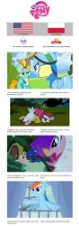 Size: 766x2166 | Tagged: safe, edit, edited screencap, screencap, fluttershy, lightning dust, pinkie pie, pipsqueak, princess luna, rainbow dash, alicorn, earth pony, pegasus, pony, luna eclipsed, spike at your service, wonderbolts academy, animal costume, chicken pie, chicken suit, clothes, colt, comic, comparison, costume, dubbing, eye contact, eyepatch, goggles, hub logo, hubble, looking at each other, male, meta, metal as fuck, minimini, nightmare night costume, open mouth, plot, poland, polish, quote, satan, screencap comic, sitting, text, uniform, window, wonderbolt trainee uniform