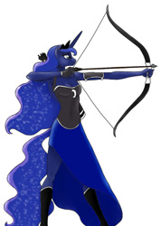 Size: 600x843 | Tagged: safe, artist:13foxywolf666, artist:derpyhooves113, princess luna, anthro, archer, arrow, bow (weapon), bow and arrow, simple background, solo, weapon