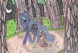 Size: 2146x1452 | Tagged: safe, artist:poppypetal, princess luna, scootaloo, alicorn, pony, forest, night, traditional art