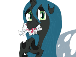 Size: 799x599 | Tagged: artist needed, safe, queen chrysalis, changeling, changeling queen, :t, cute, cutealis, eating, heart, looking at you, mouth hold, nom, nose wrinkle, paper, scrunchy face, simple background, smiling, solo, wavy mouth, white background