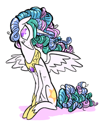 Size: 742x900 | Tagged: dead source, safe, artist:cassettepunk, princess celestia, alicorn, pony, alternate hairstyle, curly hair, female, mare, simple background, sitting, smiling, solo, transparent background, wingding eyes, wings