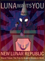 Size: 500x667 | Tagged: safe, artist:lazypixel, princess luna, alicorn, pony, dunce hat, glowing eyes, hat, new lunar republic, solo