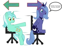 Size: 900x695 | Tagged: safe, artist:l9obl, lyra heartstrings, princess luna, alicorn, pony, chair, newton's third law, physics, s1 luna, younger