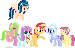 Size: 1303x836 | Tagged: safe, artist:sarahgdo, indigo zap, lemon zest, sour sweet, sugarcoat, sunny flare, sunset shimmer, earth pony, pegasus, pony, unicorn, equestria girls ponified, eyes closed, female, mare, ponified, shadow five