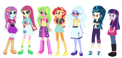 Size: 1371x656 | Tagged: safe, artist:sarahgdo, indigo zap, lemon zest, sour sweet, sugarcoat, sunny flare, sunset shimmer, twilight sparkle, equestria girls, boots, clothes, converse, female, glasses, high heels, shadow five, shoes, skirt, sneakers, socks