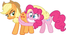 Size: 9948x5403 | Tagged: safe, artist:nupiethehero, edit, edited screencap, screencap, applejack, pinkie pie, earth pony, pony, shadow play, absurd resolution, applebutt, applejack is not amused, butt touch, butthug, cutie mark, duo, faceful of ass, full body, hug, no sense of personal space, pinkie hugging applejack's butt, simple background, the ass was fat, transparent background, unamused, vector