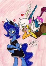 Size: 1288x1837 | Tagged: safe, artist:newyorkx3, discord, eris, prince artemis, princess luna, alicorn, pony, arteris, crossdressing, heart, rule 63, traditional art