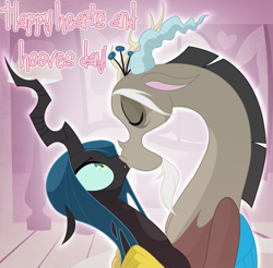 Size: 700x690 | Tagged: safe, artist:peachiekeenie, artist:tarajenkins, discord, queen chrysalis, changeling, changeling queen, cupidite, discolis, discorderlyconduct, hearts and hooves day, kissing, shipping