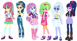 Size: 1156x617 | Tagged: safe, artist:sarahgdo, indigo zap, lemon zest, sci-twi, sour sweet, sugarcoat, sunny flare, twilight sparkle, equestria girls, alternate hairstyle, base used, boots, clothes, ear piercing, earring, female, goggles, jewelry, piercing, shadow six, shoes, skirt, sneakers, socks