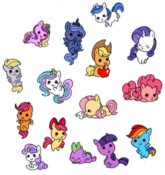 Size: 440x468 | Tagged: dead source, safe, artist:psychoon, apple bloom, applejack, derpy hooves, fluttershy, pinkie pie, princess cadance, princess celestia, princess luna, rainbow dash, rarity, scootaloo, shining armor, spike, sweetie belle, twilight sparkle, alicorn, dragon, earth pony, pegasus, pony, rabbit, unicorn, apple, blushing, chibi, crown, cute, dot eyes, female, flying, mane six, mare, sleeping