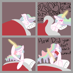 Size: 3500x3500 | Tagged: artist needed, safe, princess celestia, alicorn, pony, angry, bed, comic, eyes closed, gritted teeth, horn, magic, modular, nose wrinkle, open mouth, phone, sleeping, surprised, wide eyes, yelling