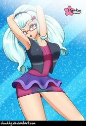 Size: 678x1000 | Tagged: safe, artist:clouddg, sugarcoat, dance magic, equestria girls, spoiler:eqg specials, arm behind head, armpits, breasts, clothes, female, glasses, human coloration, looking at you, open mouth, solo, sugarcones