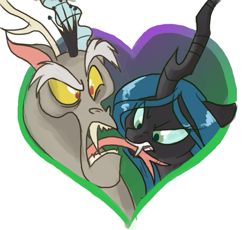 Size: 563x518 | Tagged: safe, artist:dinkelion, discord, queen chrysalis, changeling, changeling queen, biting, discolis, female, male, shipping, straight