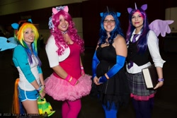 Size: 2048x1365 | Tagged: artist needed, safe, pinkie pie, princess luna, rainbow dash, twilight sparkle, twilight sparkle (alicorn), alicorn, human, clothes, convention, cosplay, glasses, irl, irl human, megacon, necktie, photo, tutu