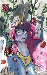 Size: 2081x3262 | Tagged: safe, artist:psychoon, discord, princess celestia, alicorn, pony, crying, dislestia, female, male, pink-mane celestia, rose, shadow, shipping, solo, straight, traditional art, younger