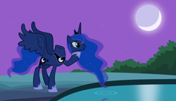 Size: 1434x819 | Tagged: dead source, safe, artist:parclytaxel, princess luna, alicorn, headless horse, pony, cave, cave pool, crescent moon, female, headless, hoof hold, luna module, mare, mirror pool, modular, moon, night, pond, reflection, ripple, sky, smiling, solo, spread wings, stars, svg, vector, wat, water, wings