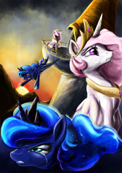 Size: 1024x1446 | Tagged: safe, artist:d-lowell, princess celestia, princess luna, alicorn, pony, balcony, crying, pink-mane celestia, sunset, younger