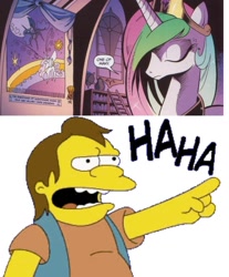 Size: 1000x1209 | Tagged: safe, idw, nightmare moon, princess celestia, alicorn, pony, context is for the weak, laughing, nelson muntz, the simpsons