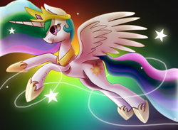 Size: 1500x1100 | Tagged: safe, artist:zoiby, princess celestia, alicorn, pony, crown, female, horn, mare, multicolored mane, multicolored tail, solo, white coat, white wings, wings