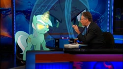 Size: 1680x945 | Tagged: safe, edit, lyra heartstrings, queen chrysalis, human, glowing eyes, irl, irl human, jon stewart, photo, the daily show