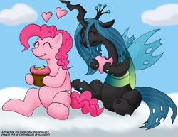 Size: 800x617 | Tagged: safe, artist:digoraccoon, pinkie pie, queen chrysalis, changeling, changeling queen, earth pony, pony, :t, changeling feeding, chryssie pie, cute, cutealis, eating, eyes closed, female, heart, lesbian, shipping, smiling