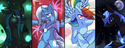 Size: 900x350 | Tagged: safe, artist:frandlle, nightmare moon, queen chrysalis, rainbow dash, trixie, changeling, changeling queen, pegasus, pony, fireworks, flying, moon, smiling