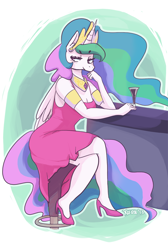 Size: 808x1200 | Tagged: safe, artist:xieril, princess celestia, alicorn, anthro, plantigrade anthro, alcohol, bar, clothes, dress, drink, high heels, solo, stool