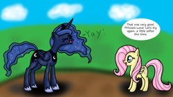 Size: 1024x576 | Tagged: safe, artist:shadowbolt82, fluttershy, princess luna, alicorn, pegasus, pony, eyes closed, female, flutteryay, mare, yay